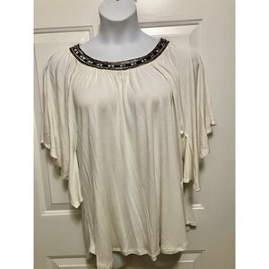Design History Ivory Beaded‎ Neckline Flutter Sleeve Top Sz XL Women’s